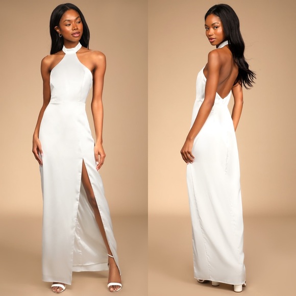 Lulu's Dresses New White Satin Backless Halter Maxi Dress Poshmark